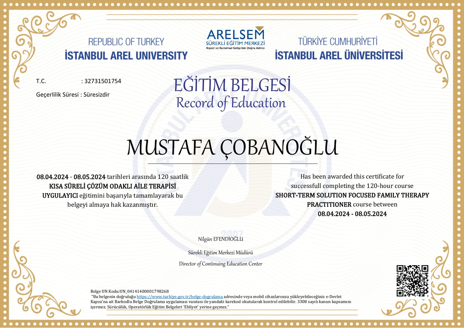 Kısa Süreli Çözüm Odaklı Aile Terapisi Uygulayıcı eğitim belgesi