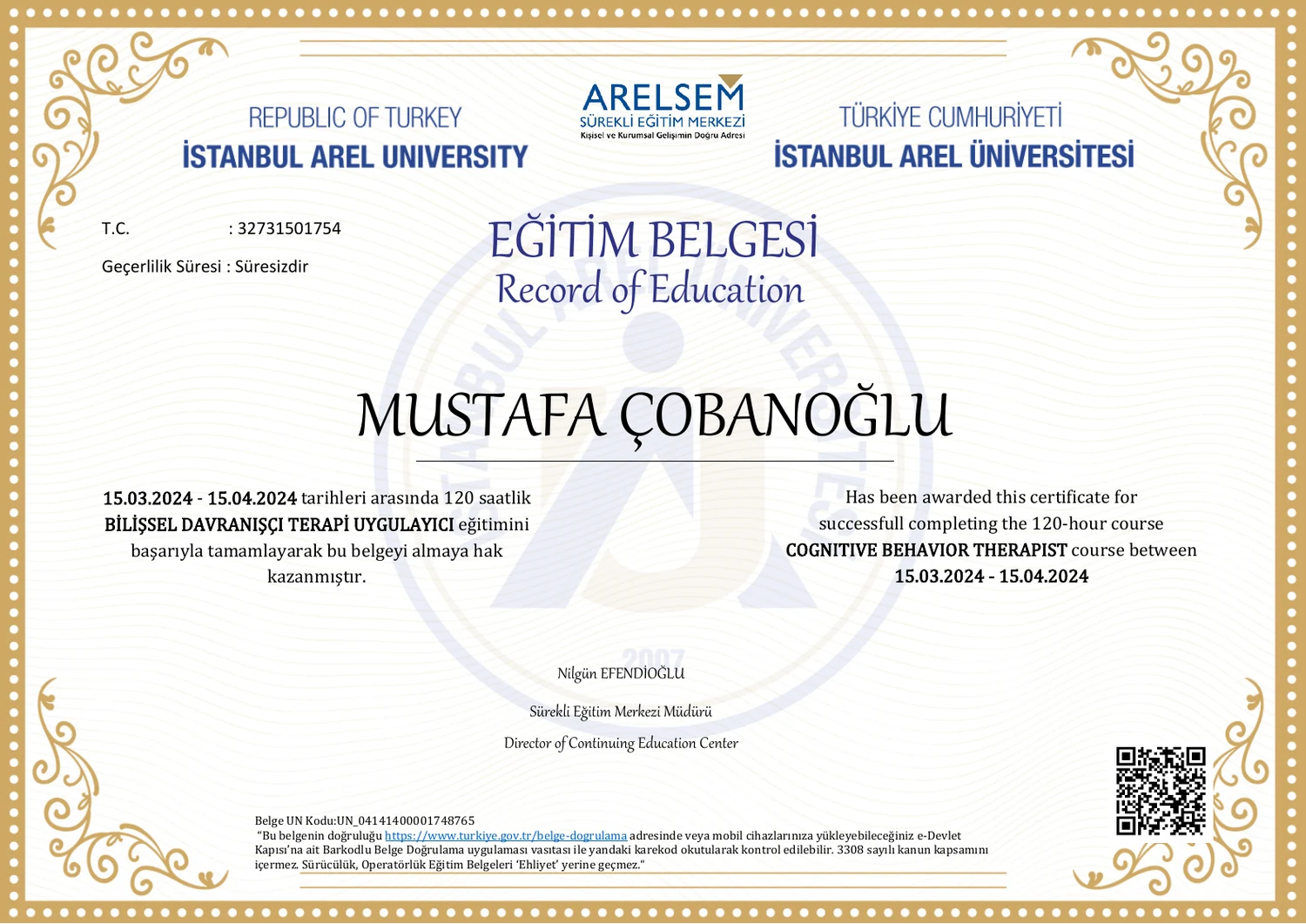 Bilişsel Davranışçı Terapi Uygulayıcı eğitim belgesi