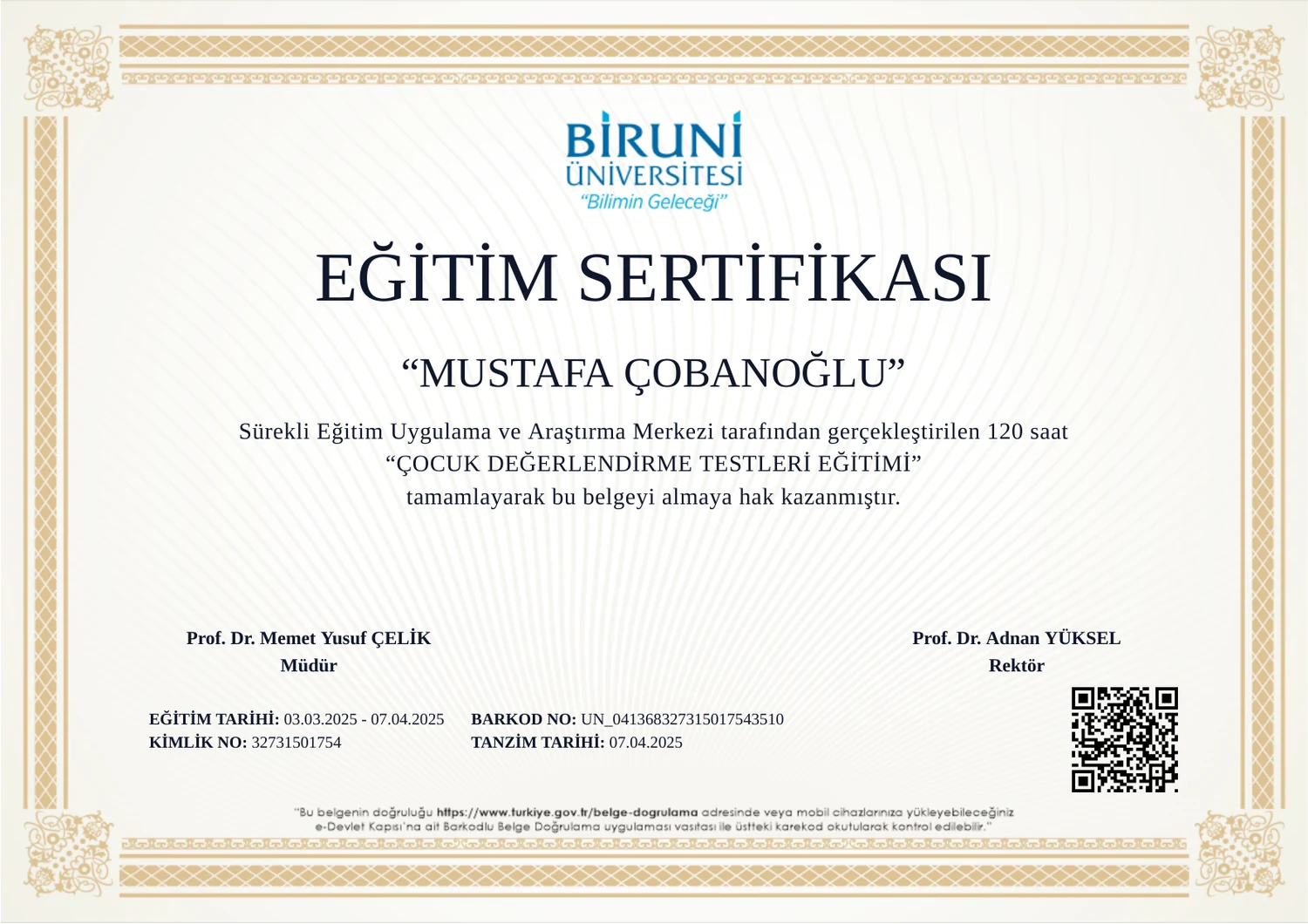 Çocuk Değerlendirme Testleri eğitimi sertifikası