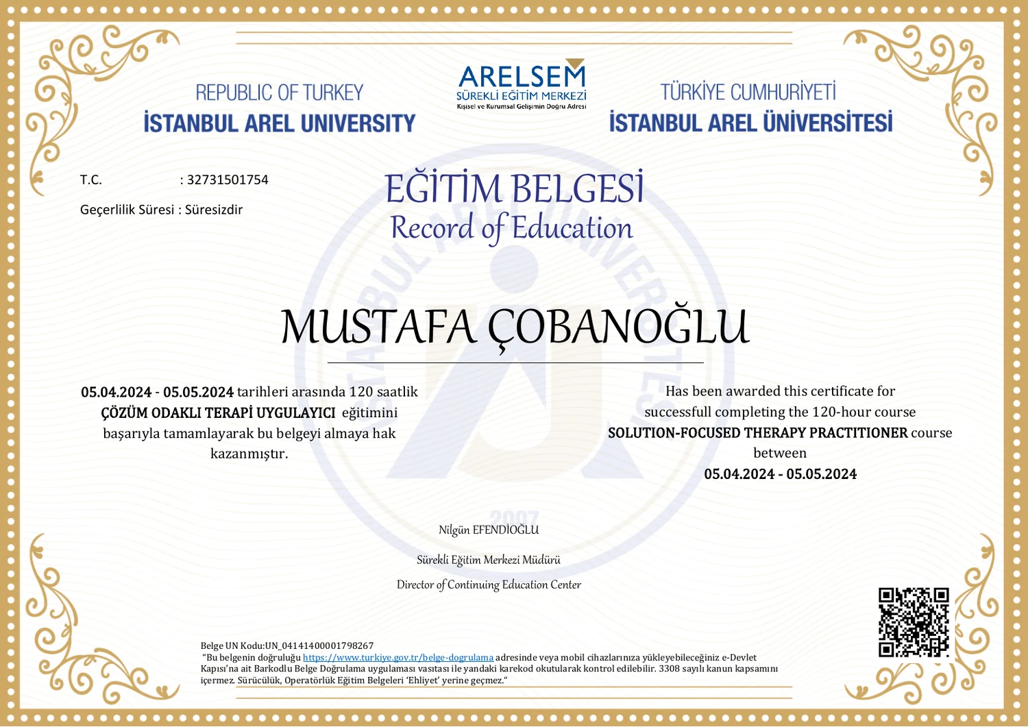 Çözüm Odaklı Terapi Uygulayıcı eğitim belgesi