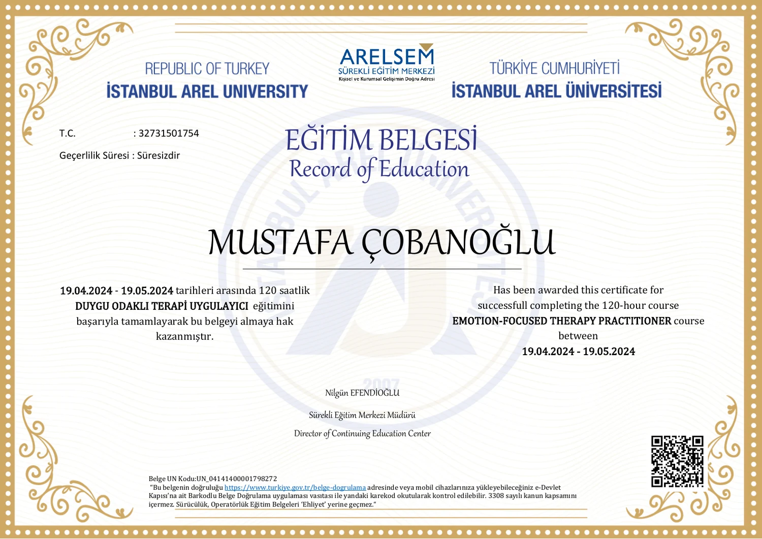 Duygu Odaklı Terapi Uygulayıcı eğitim belgesi
