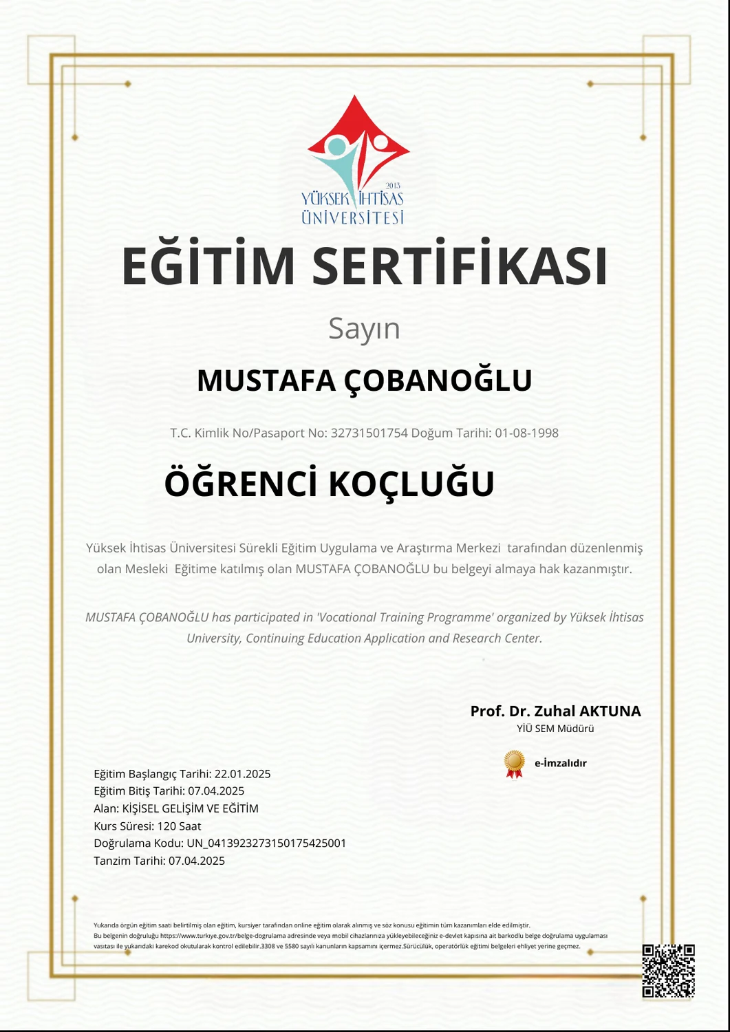 Öğrenci Koçluğu eğitim sertifikası