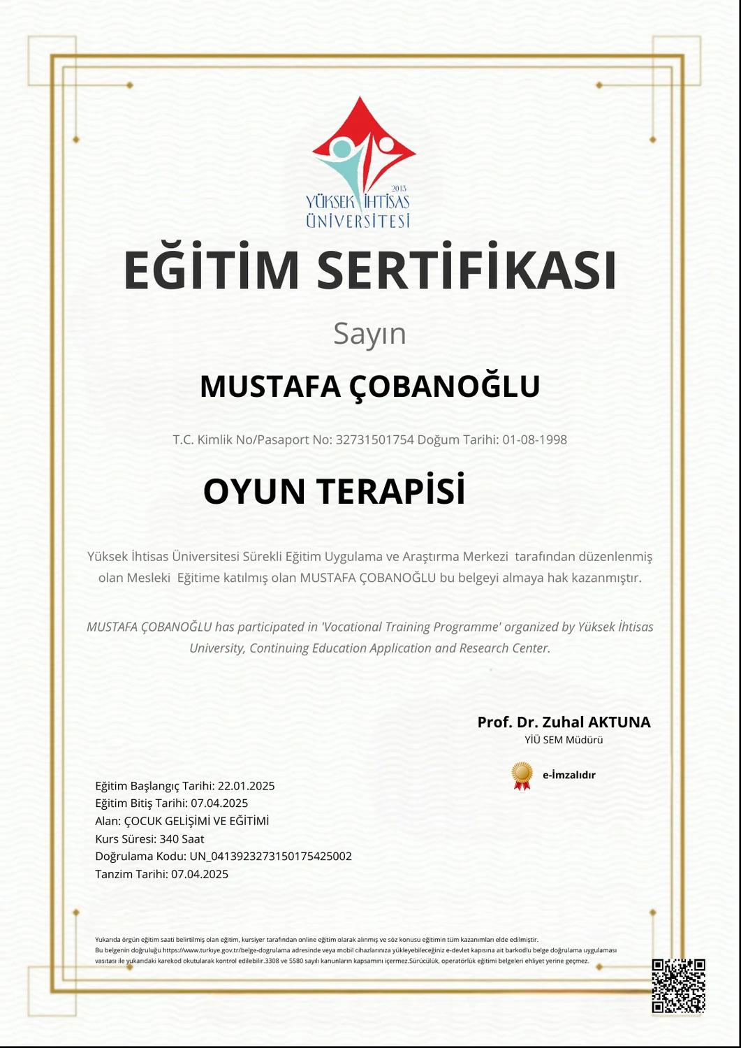 Oyun Terapisi eğitim sertifikası
