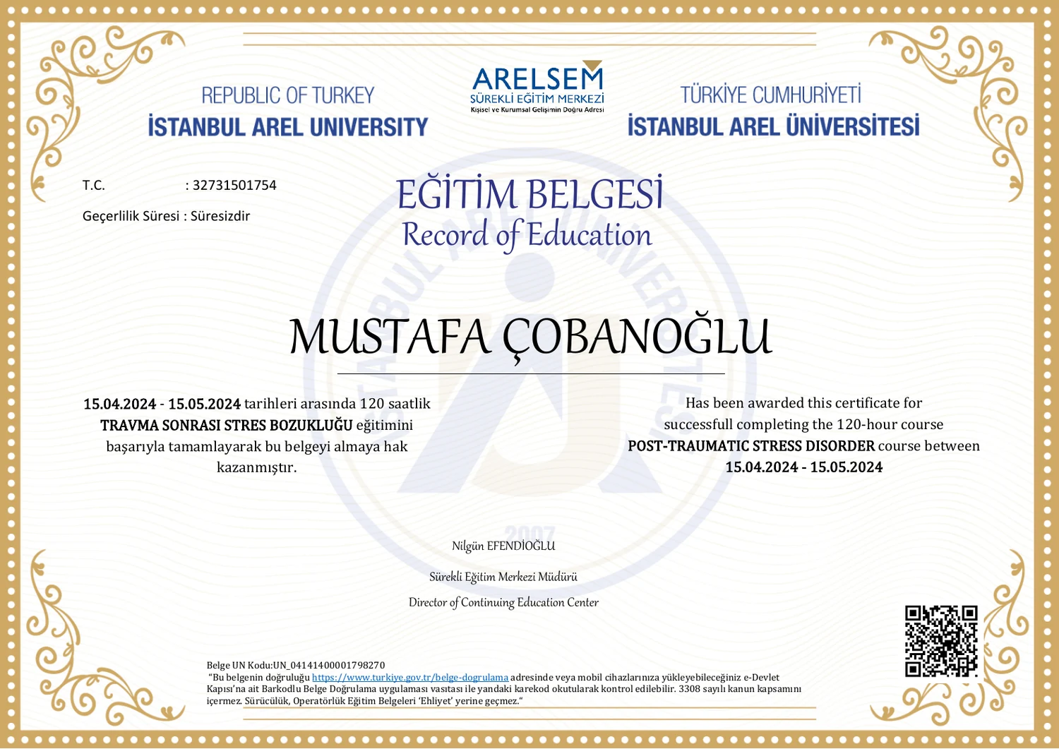 Travma Sonrası Stres Bozukluğu eğitim belgesi